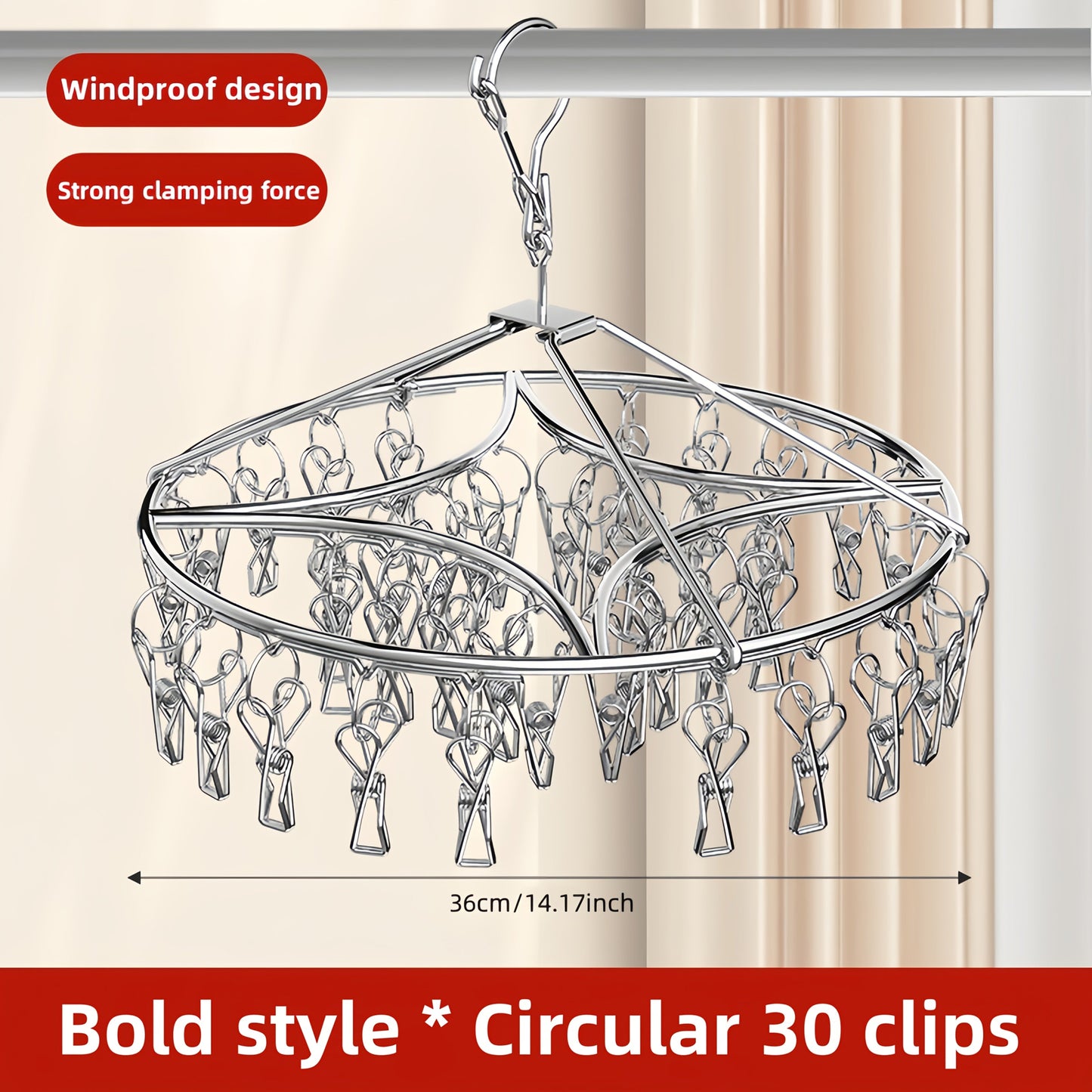 Stainless Steel Hanging Laundry Drying Rack with Square or Round Frame and 30, 40 or 50 Garment Clips