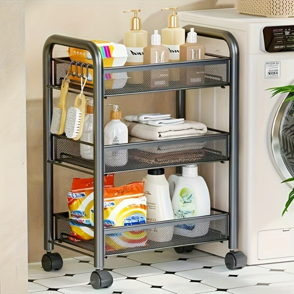Three-, Four- or Five-Tier Black Carbon Steel Rolling Storage Cart with Detachable Wire Baskets