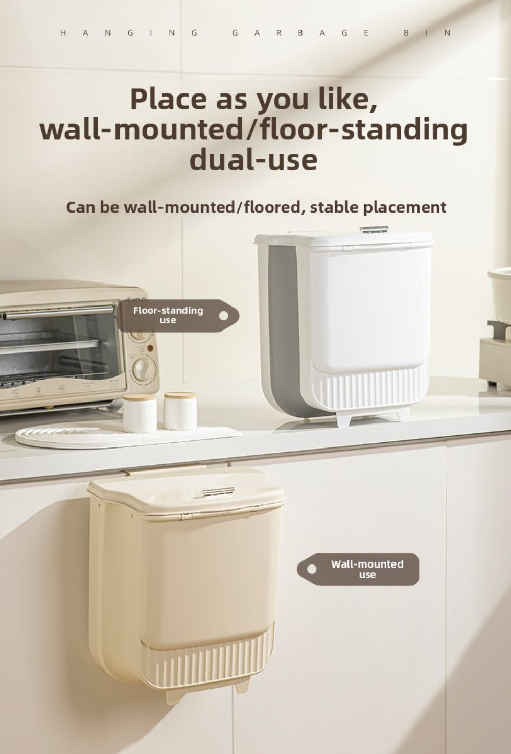 Collapsible 1.85-Gallon Trash Can with Lid for Wall Mount, Cabinet Door Hanging or Floor Placement