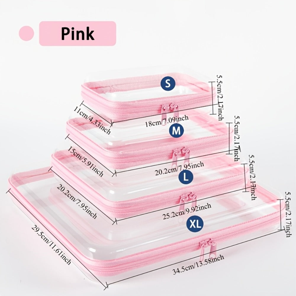 Four-Piece Storage Organizer Set with Clear Zipper Cases in S, M, L and XL Sizes and Four Trim Colors