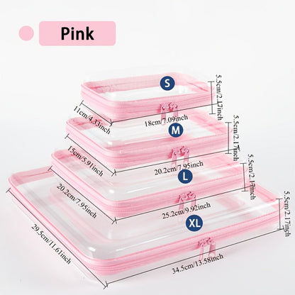 Four-Piece Storage Organizer Set with Clear Zipper Cases in S, M, L and XL Sizes and Four Trim Colors