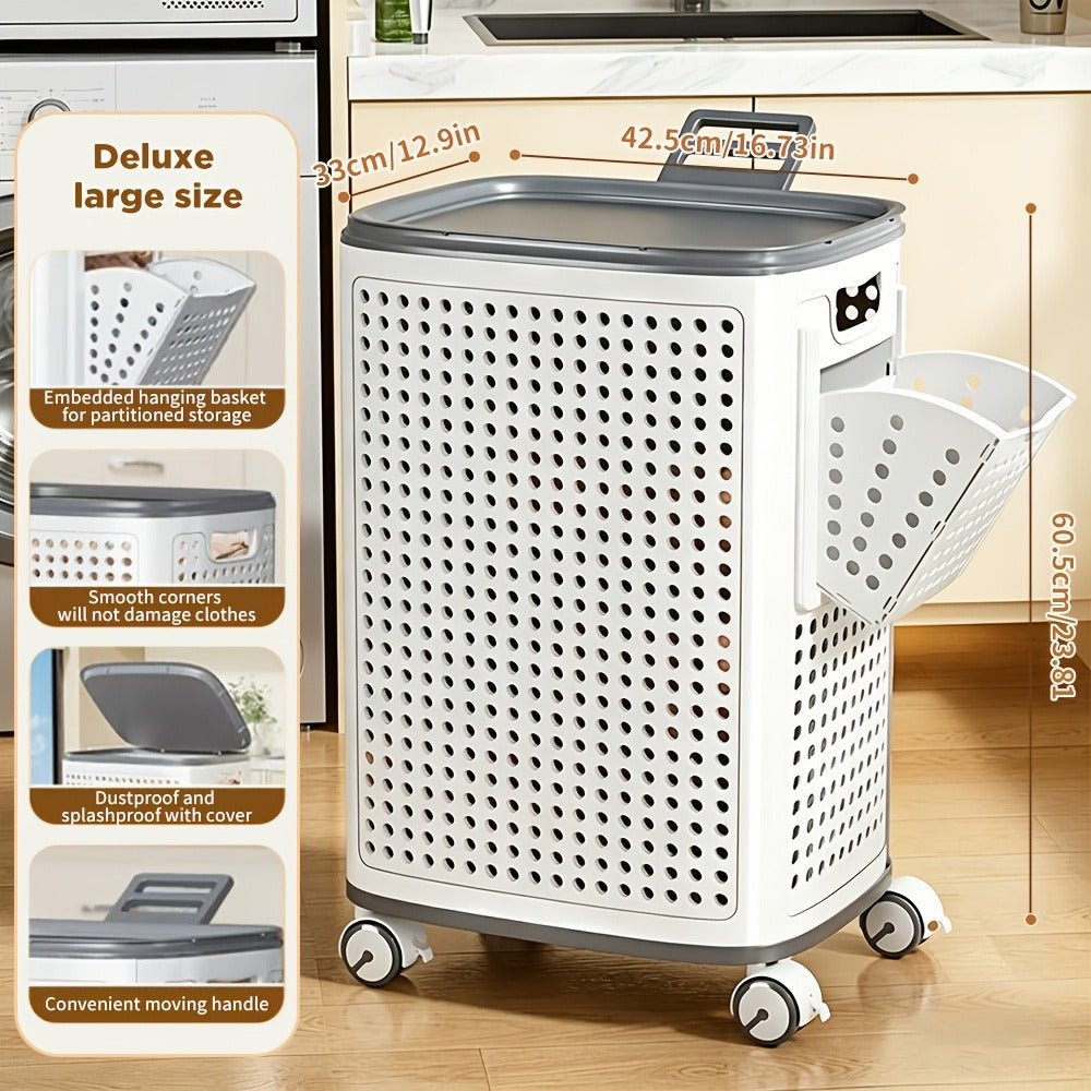 Large Wheeled Laundry Hamper with Foldable Basket, Side Pockets, Lid and Exact Basket-and-Wheels Option