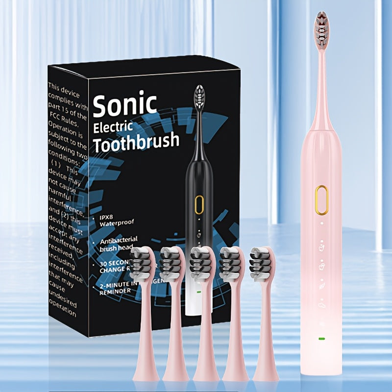 Sonic Electric Toothbrush IPX8 Waterproof USB Rechargeable with 5 Replacement Brush Heads, Smart Timer, Metal Shaft, Couple Design for Adults Men & Women — Black, Green Pink, Pink White
