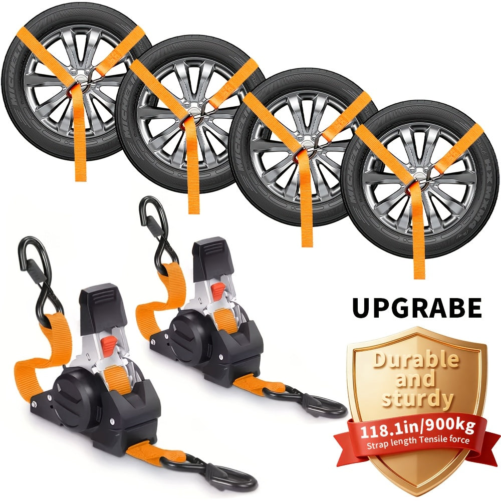 Ratchet Tie-Down Straps with Auto-Retract & Speed Control – Heavy-Duty Cargo Securing Kit with Hooks & Storage Bag | Motorcycle Transport, Towing & Truck Bed Load Securing