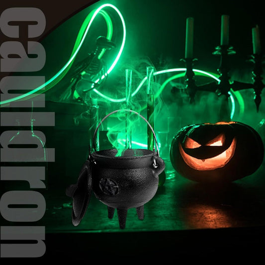 Cast Iron Cauldron with Lid & Handle – Witchcraft Incense Burner, Spell Ritual Pot, Halloween Decor, Pentagram & Triple Moon Styles, Pagan Altar Cauldron