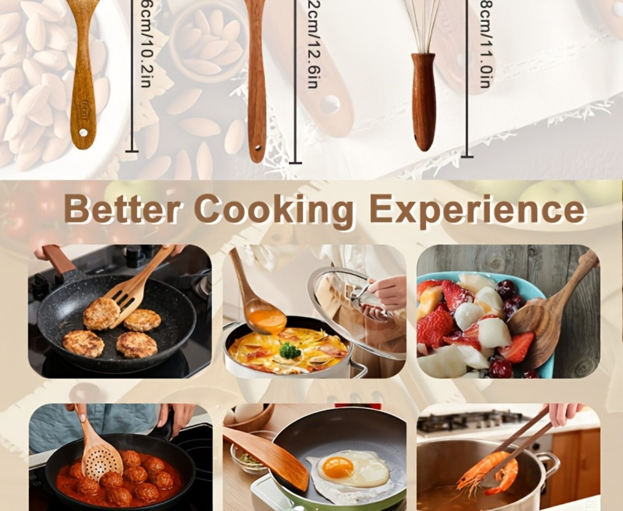 Wooden Kitchen Utensils Set 3/5/7Pcs – Natural Wood Spoons, Spurtle, Ladle & Wok Spatulas for Non-Stick Pans | Heat Resistant, Ergonomic Handle, Easy to Clean