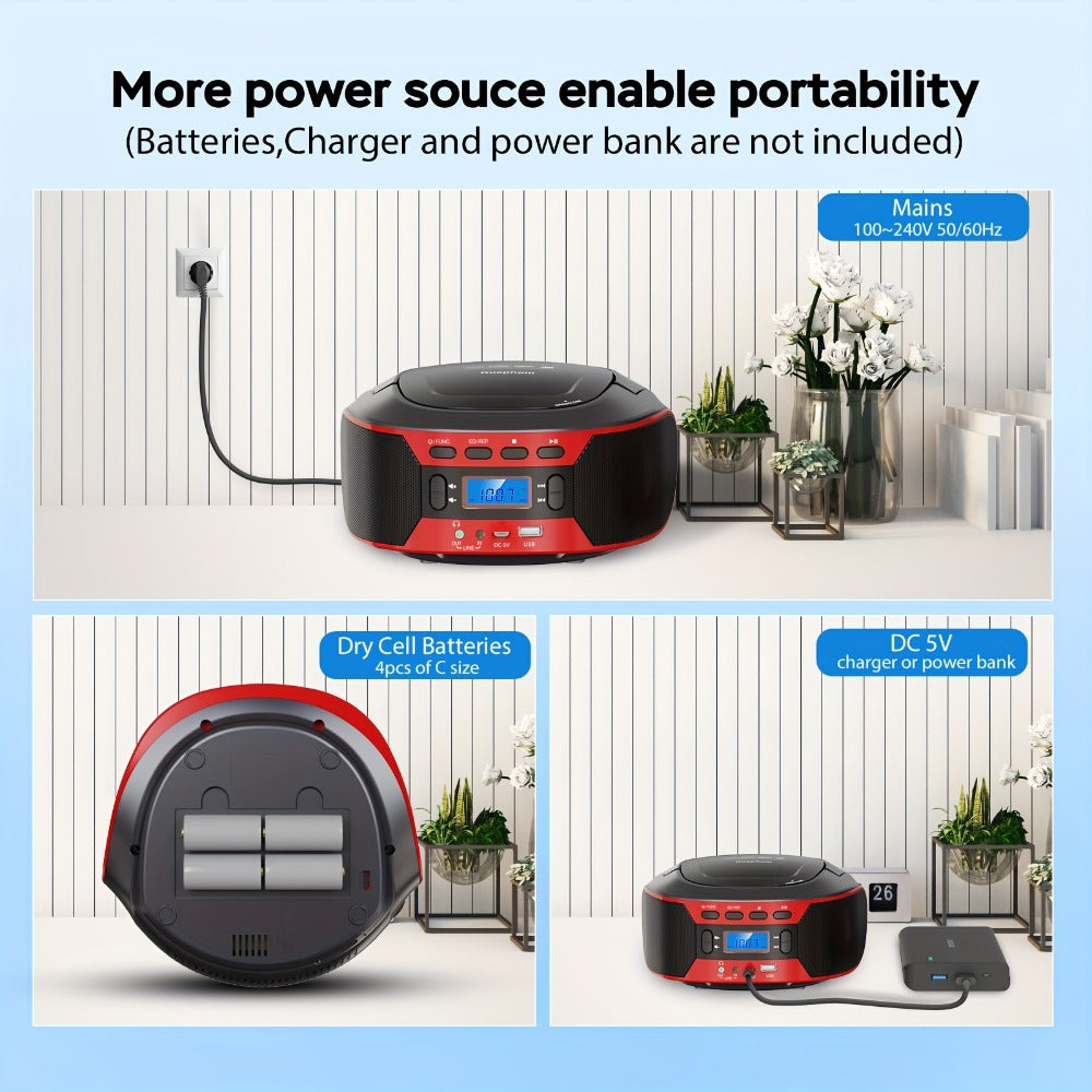Bluetooth CD Player Boombox with FM Radio – Portable CD Boombox with AUX USB Playback, Earphone Jack, Stereo Speakers, Battery or AC Powered, CD Player for Home and Outdoor Use