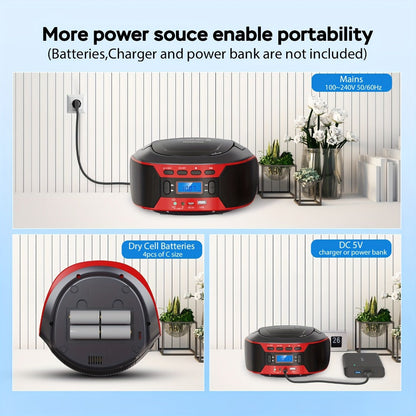 Bluetooth CD Player Boombox with FM Radio – Portable CD Boombox with AUX USB Playback, Earphone Jack, Stereo Speakers, Battery or AC Powered, CD Player for Home and Outdoor Use