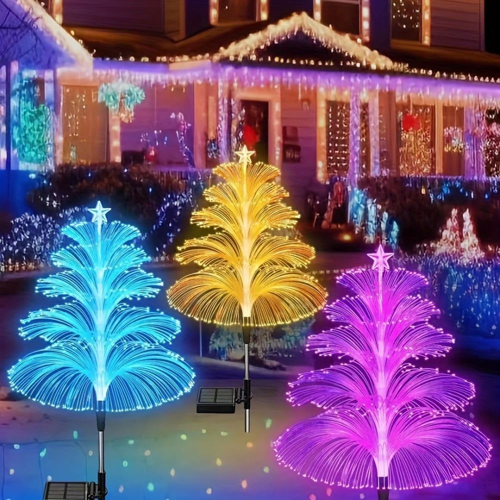 Solar Garden Light Fiber Optic Christmas Tree Stakes with 7-Color LEDs and 2 or 5-Layer Star Options