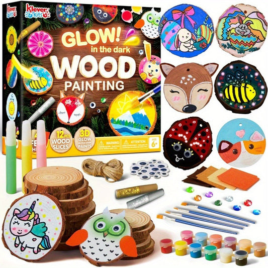 Kids Painting Kit Glow in the Dark – Wood Slice Arts & Crafts Set Ages 6+ with 16 Wood Slices, Felt, Acrylic Paints, Gems & Glitter Glue | 500+ Pieces | Birthday Christmas Easter Gift Boys Girls