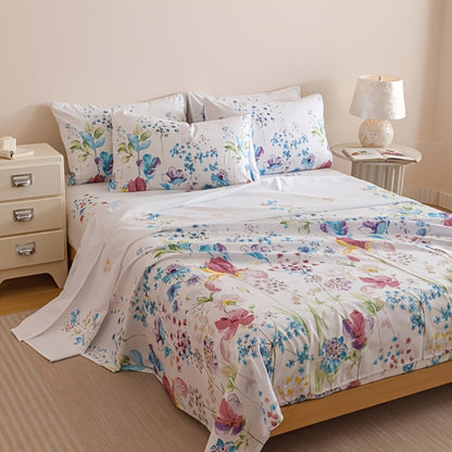 Four-Piece Floral Polyester Sheet Set with Fitted and Flat Sheets, Two Pillowcases and Four Sizes