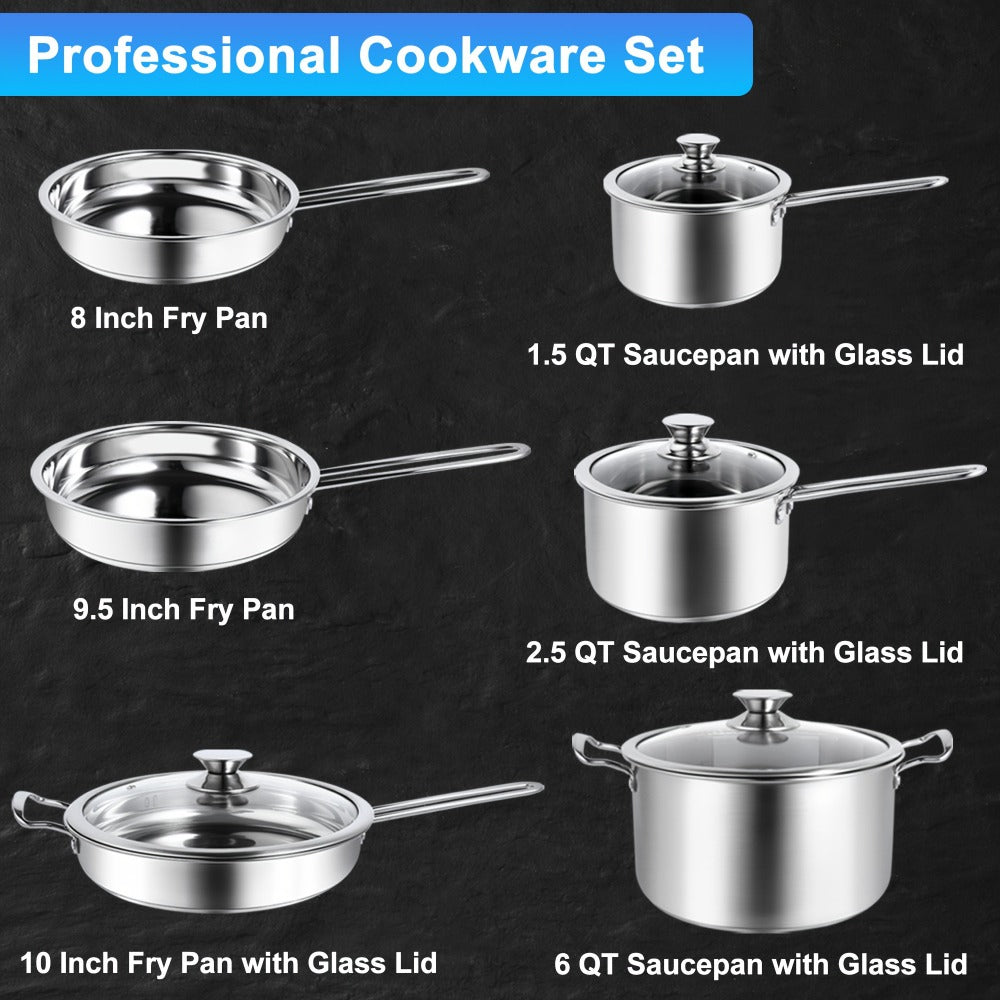 Stainless Steel Cookware Set with 10 Pieces, Three Frying Pans, Three Saucepans and Four Glass Lids
