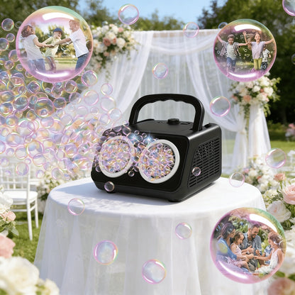 White Dual-Wheel Bubble Machine with Material Thickened Label, Handle, USB Port and Battery Compartment