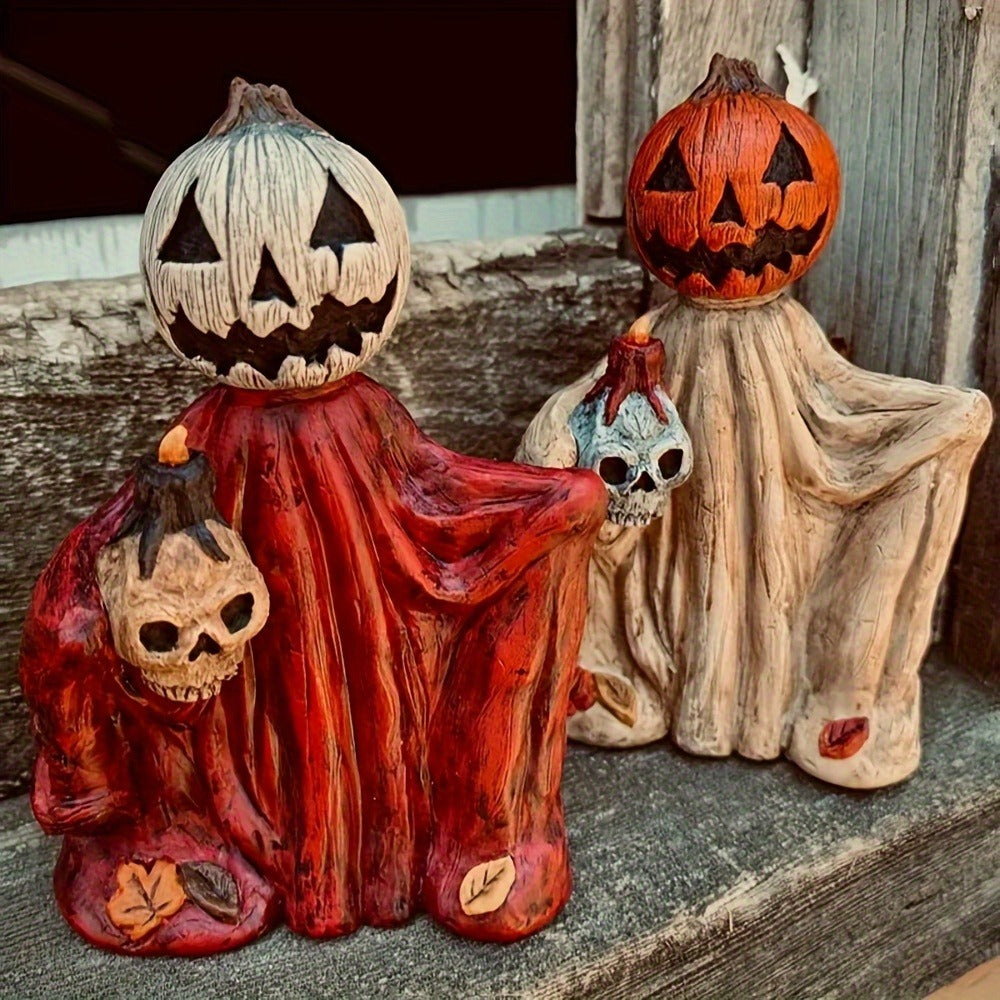 Halloween Pumpkin Wizard Resin Figurine 2-Pack – Spooky Desktop Ornament & Bookshelf Decor, Skeleton Gnome Tabletop Statue for Halloween Home Decor & Seasonal Display