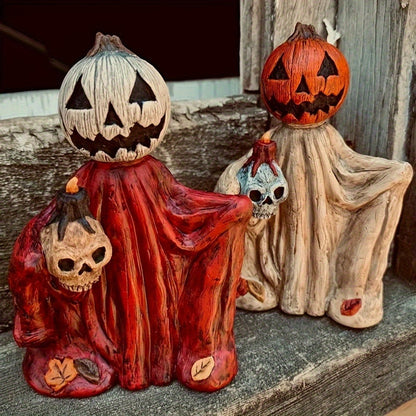 Halloween Pumpkin Wizard Resin Figurine 2-Pack – Spooky Desktop Ornament & Bookshelf Decor, Skeleton Gnome Tabletop Statue for Halloween Home Decor & Seasonal Display