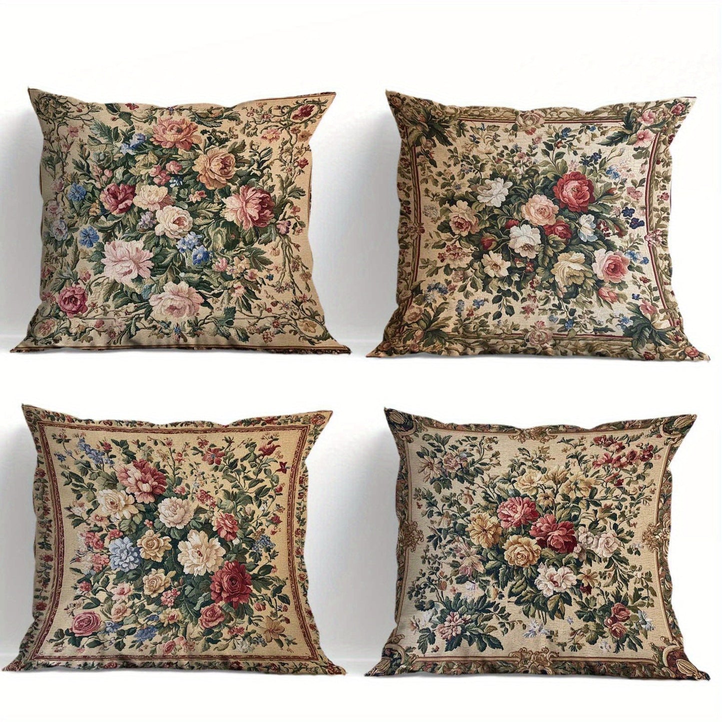 Vintage Floral Pillow Cover Set of Four with Zipper Openings, Single-Sided Print and Exact 18-Inch Size