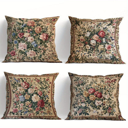 Vintage Floral Pillow Cover Set of Four with Zipper Openings, Single-Sided Print and Exact 18-Inch Size