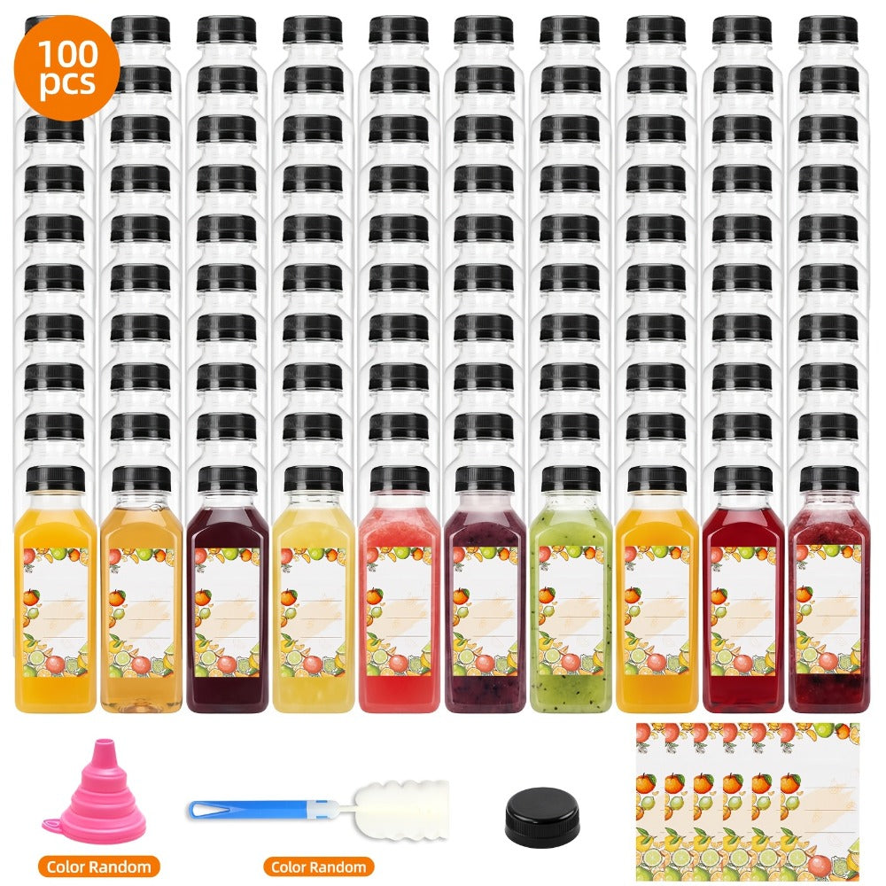 Reusable Juice Bottle Set, Clear Plastic 12oz or 16oz Drink Containers with Lids, Funnel and Cleaning Brush