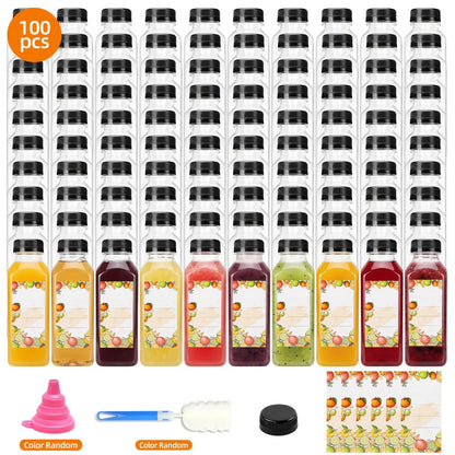 Reusable Juice Bottle Set, Clear Plastic 12oz or 16oz Drink Containers with Lids, Funnel and Cleaning Brush