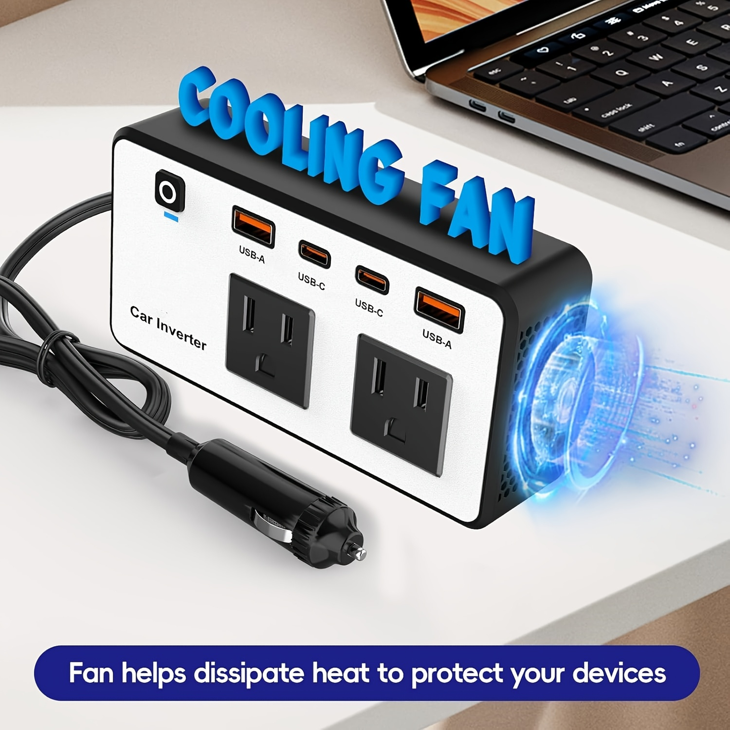 Car Inverter 200W DC 12V to AC 110V with Dual AC Outlets 24W USB-C Fast Charging 4 USB Ports Portable Laptop Phone Charger Adapter for Car Truck RV Travel