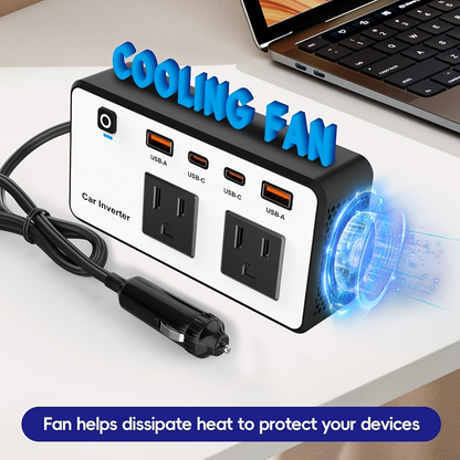 Car Inverter 200W DC 12V to AC 110V with Dual AC Outlets 24W USB-C Fast Charging 4 USB Ports Portable Laptop Phone Charger Adapter for Car Truck RV Travel
