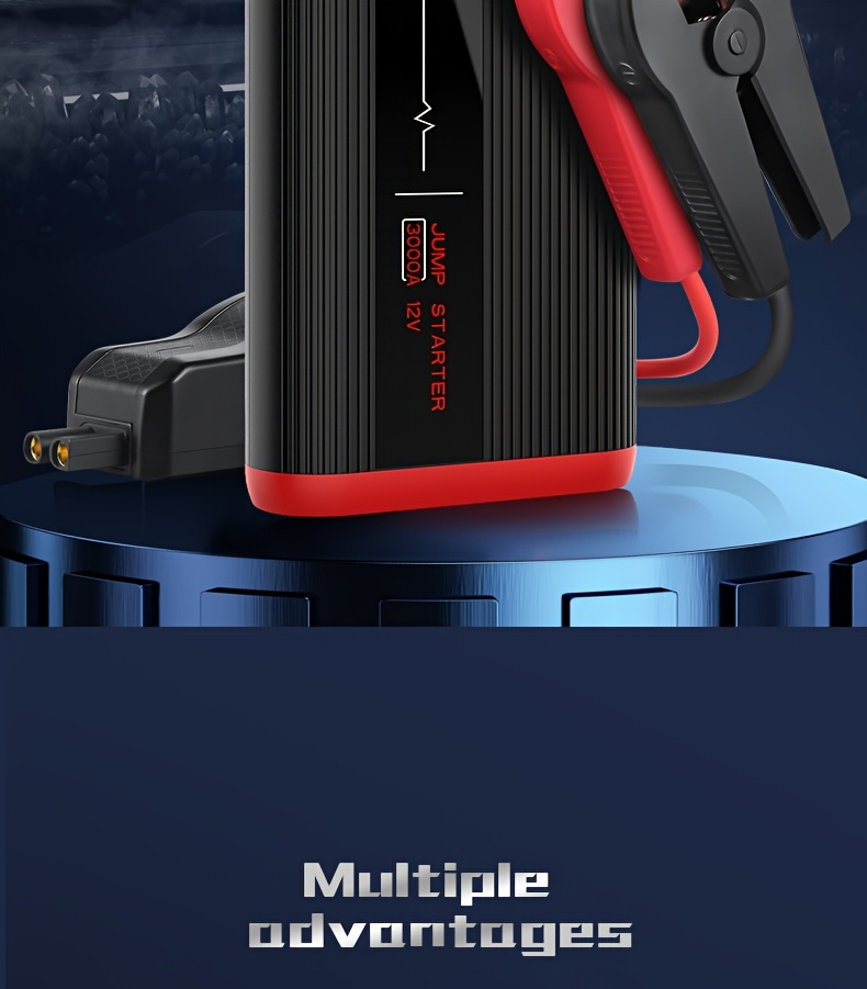Lithium Jump Starter 3000A 8000mAh 12V Battery Pack USB-C Recharge Round LED Display for 6.0L Diesel 8.0L Gas Engines Compact Portable Emergency Booster