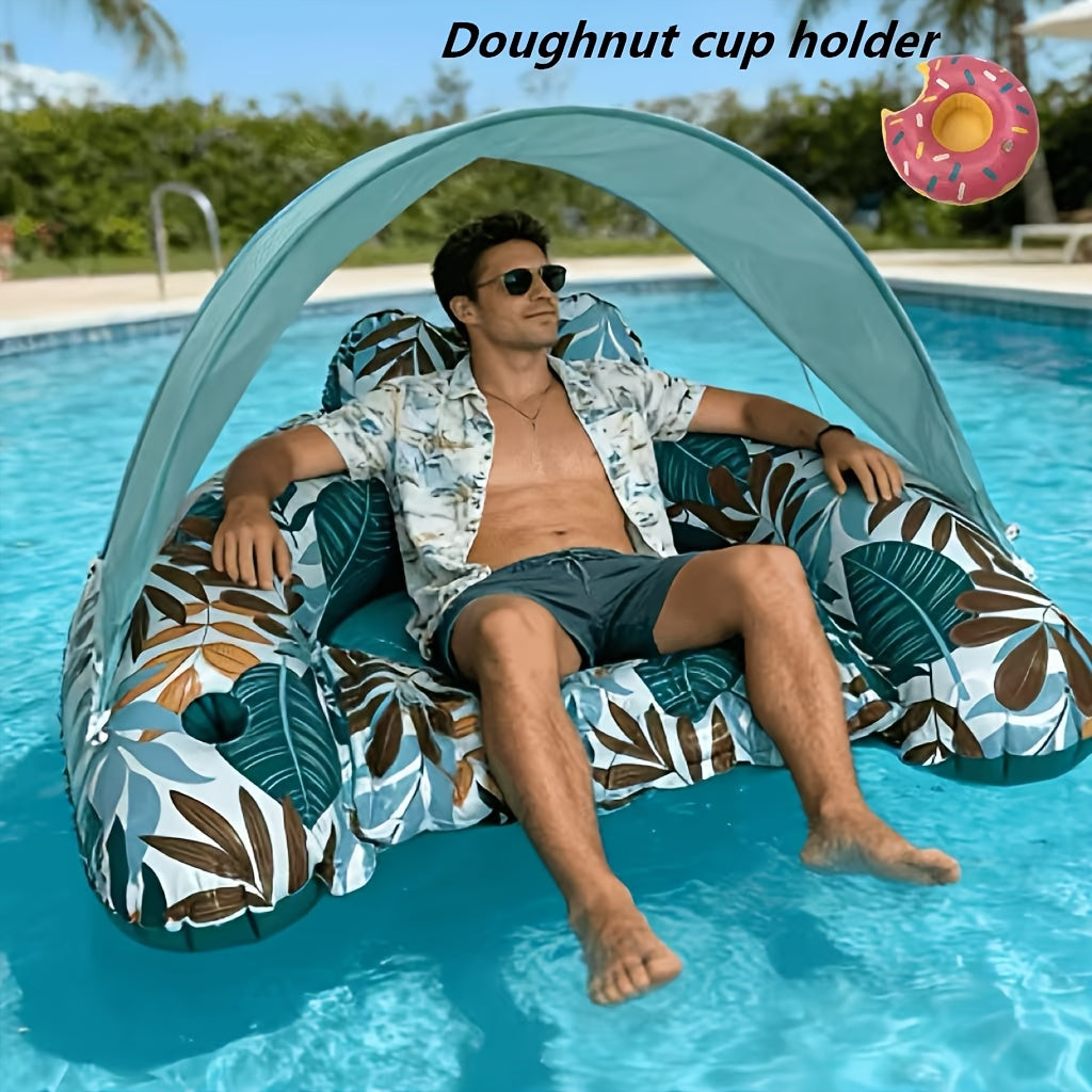 Tropical Leaf Inflatable Pool Lounger with Canopy, Cup Holder, Two Donut Drink Rings and Green or Blue Options