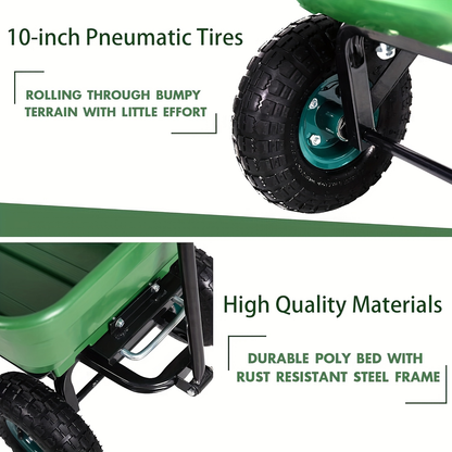 Garden Cart Heavy Duty Steel Yard Wagon 220 Lb Capacity Dump Cart with 10 Inch Pneumatic Tires All Terrain Utility Cart for Lawn Farm Gardening Green