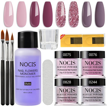 Acrylic Nail Kit NOCIS Four 10g Pink, Mauve and Glitter Powders with Liquid Monomer, Three Brushes and File