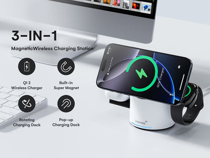 Wireless Charging Station, ZEEHOO CylinTrick-R Qi2-Marked 15W Rotating 3-in-1 Stand in White or Black