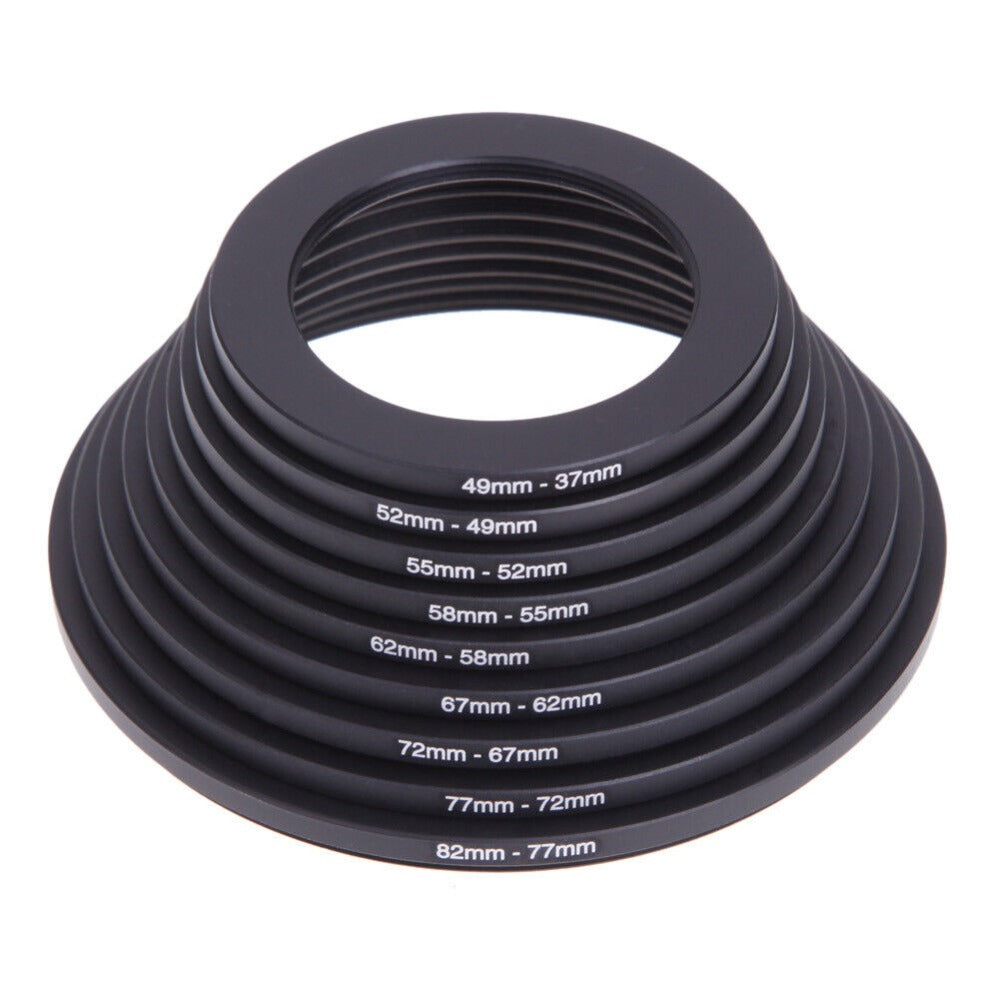 18-Piece Step-Up and Step-Down Lens Filter Adapter Ring Set Covering 37–82 mm Thread Sizes