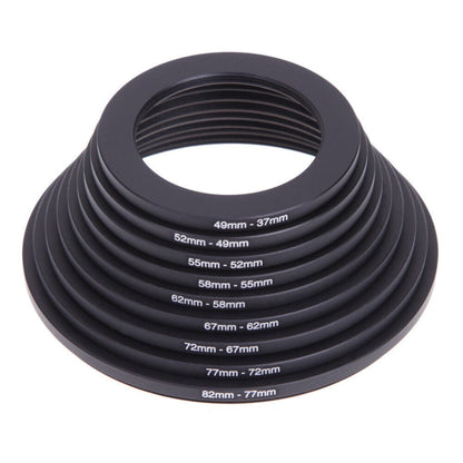 18-Piece Step-Up and Step-Down Lens Filter Adapter Ring Set Covering 37–82 mm Thread Sizes