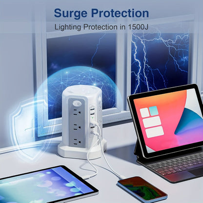 Surge Protector Power Strip Tower 17-in-1 with 12 AC Outlets, 4 USB-A, USB-C PD 18W and Four Group Switches