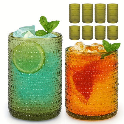 Embossed Highball Glass Drinkware Set, 12-Piece Clear, Green or Blue Cups in 10oz and 12oz Sizes
