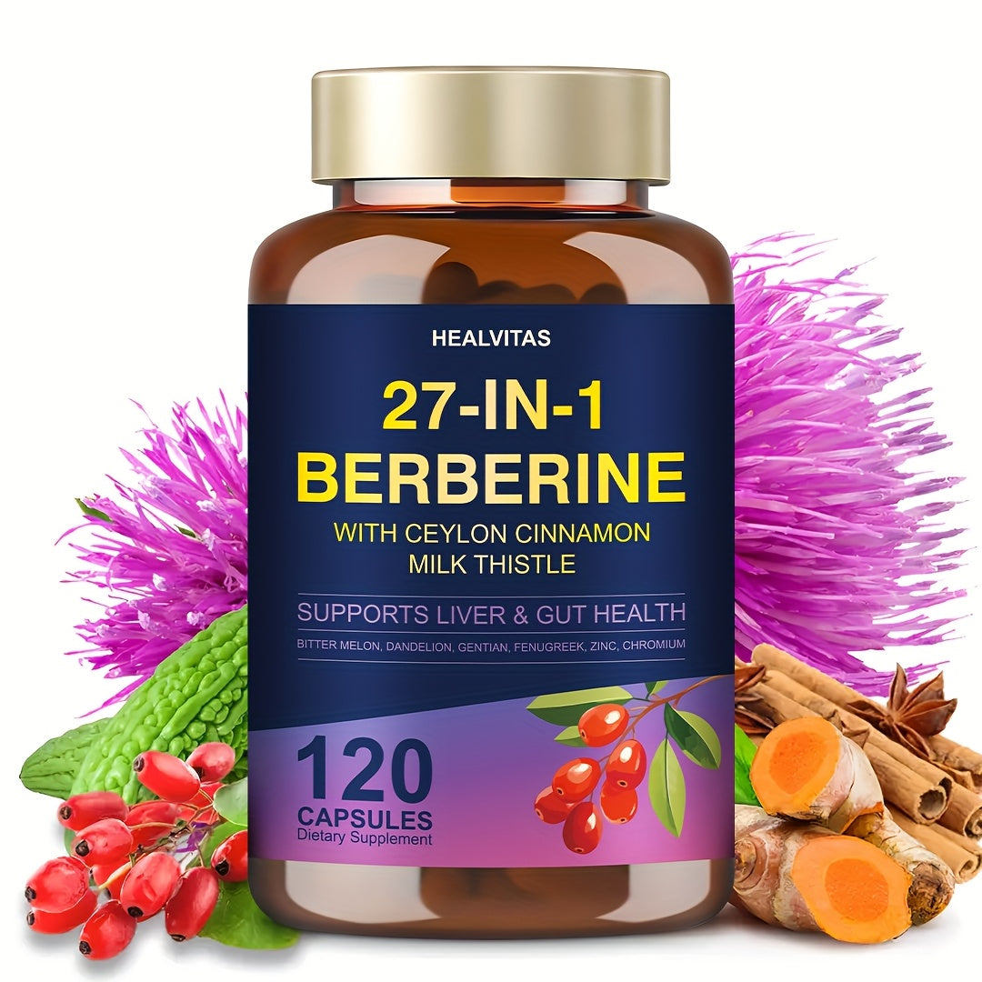 Herbal Supplements with HEALVITAS Label, 27-in-1 Berberine Formula Capsules, 120 or 360 Count