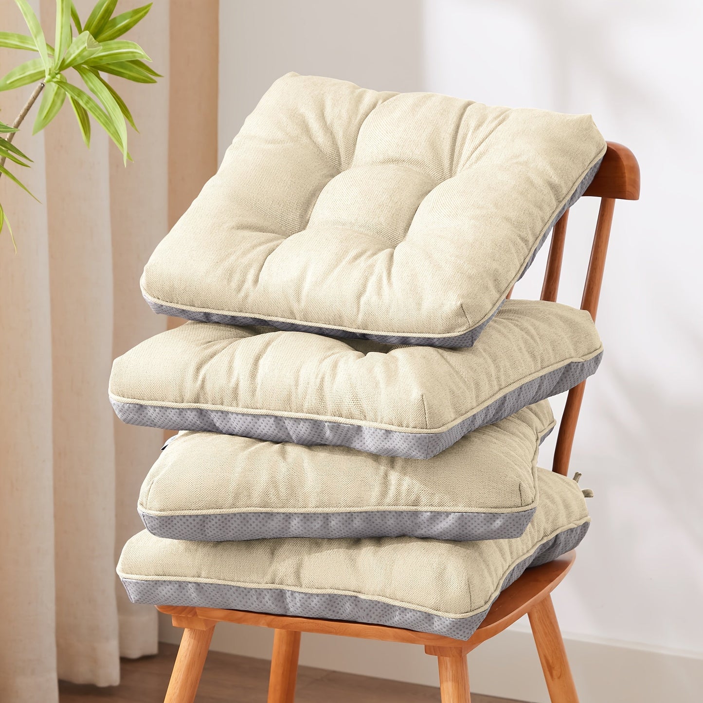 Tufted Chair Cushion Set with Four 15.5-Inch Pads, Tie Straps and 11 Solid Color Choices for Dining Chairs