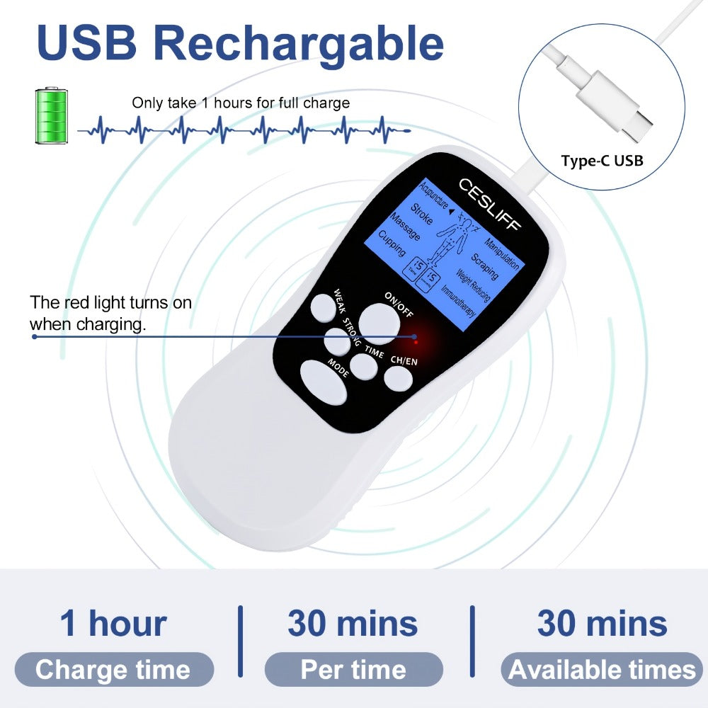 TENS Unit Muscle Stimulator for Pain Relief Digital EMS Therapy Device for Back Neck Hip Nerve Pain Arthritis Tendonitis Stiffness Recovery Post-Workout Relaxation with Accessories 6-Mode and 8-Mode