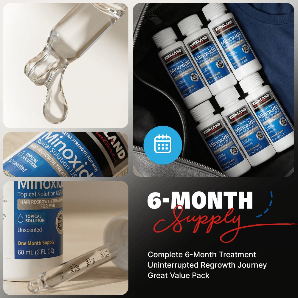 Minoxidil 5% Extra Strength Topical Solution for Men Hair Regrowth - Kirkland Signature 6-Month Supply, 6 x 60ml Bottles with Precision Dropper Applicator, Clinically Proven