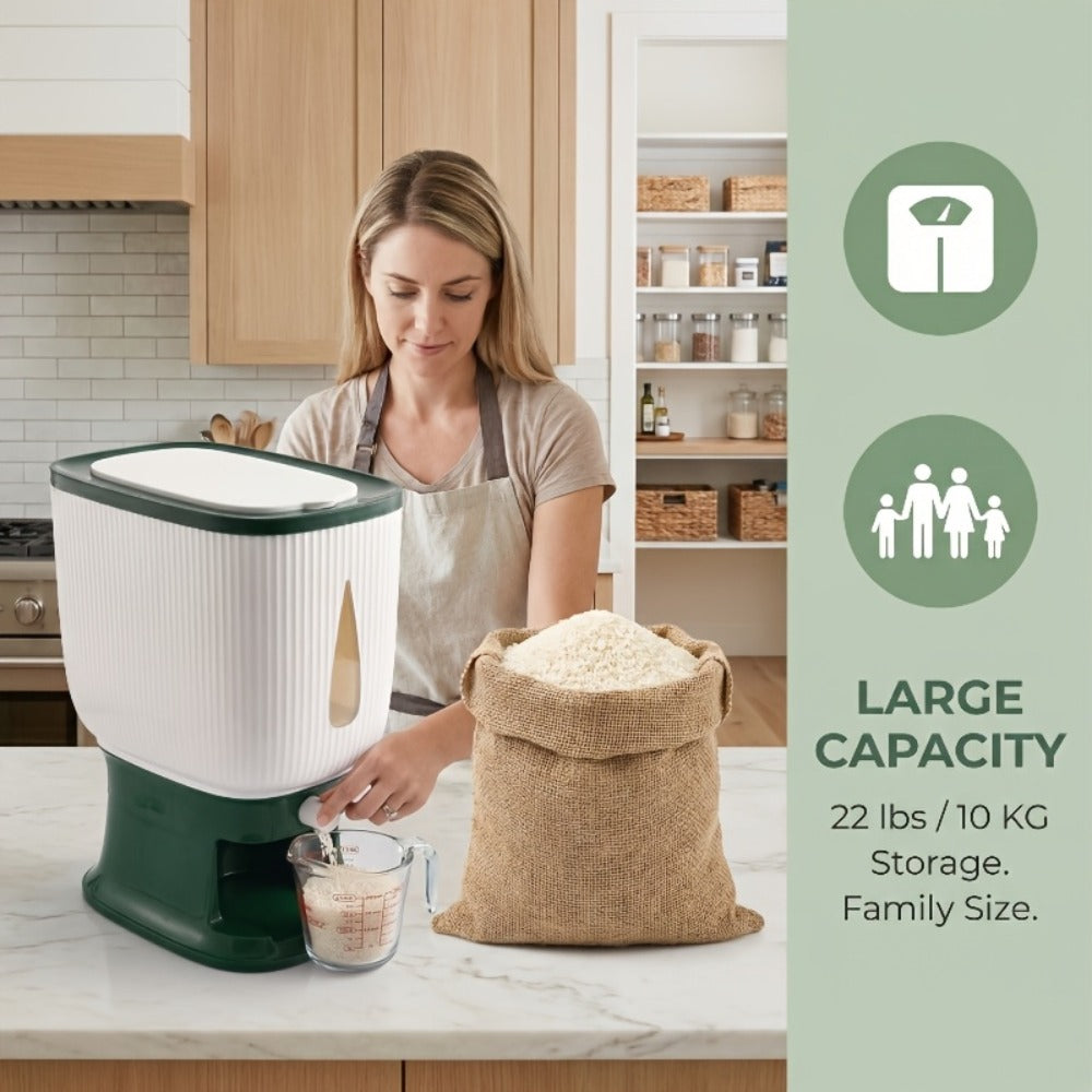 Rice Dispenser with Measuring Cup, 22LB Large Capacity 6-Chamber Sealed Grain Storage Container, Transparent Window, Moisture & Insect Resistant, One-Click Design for Rice Beans Flour Pet Food – Kitchen Cabinet Organizer