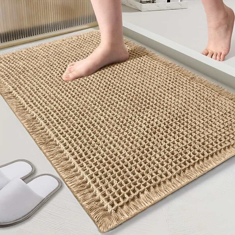 Tasseled Knit Bath Mat with Rectangular Profile, Fringed Edges and 18 x 30 or 24 x 36-Inch Size Options