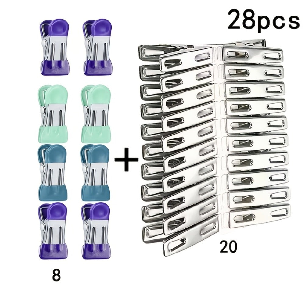 Stainless Steel Clips 28pcs Heavy Duty Rustproof | Multipurpose Airtight Sealing Clips for Food Bags Clothes Hanging | Kitchen Office Home Bag Clips Random Colors