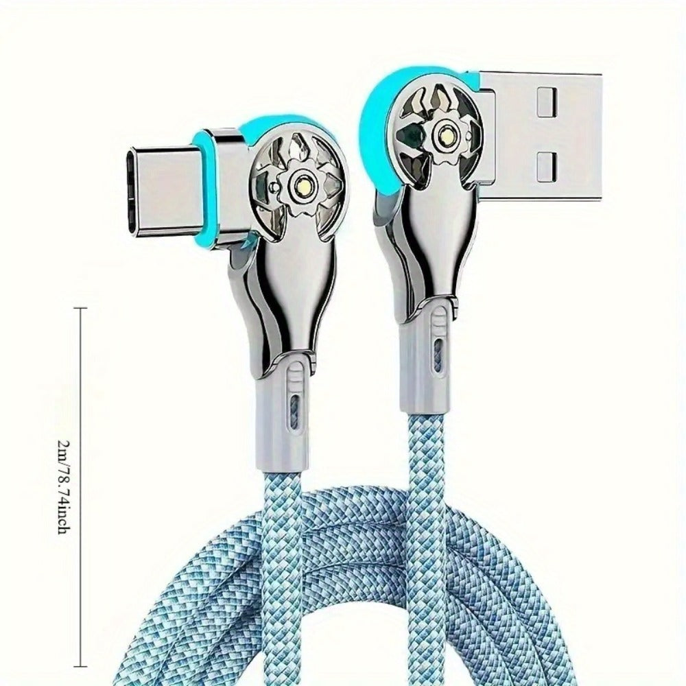 Double-Elbow USB-C to USB-C Cable with Rotating Right-Angle Connectors, Blue LED Accents and 2 m Length