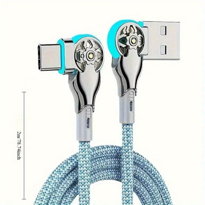 Double-Elbow USB-C to USB-C Cable with Rotating Right-Angle Connectors, Blue LED Accents and 2 m Length