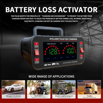 Car Battery Charger 12V/24V with LCD Display – Fast Charging Portable Maintainer for Cars, Trucks, RVs & Motorcycles, Overcharge Protection, Lead-Acid Compatible