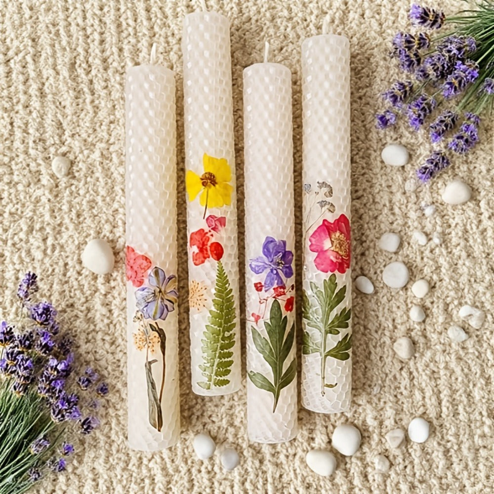 Floral Cone Candle Holders Set of 4 – 10-Inch Decorative Beeswax Taper Candles for Holiday Parties, Valentine's Day & Mother's Day Gifting