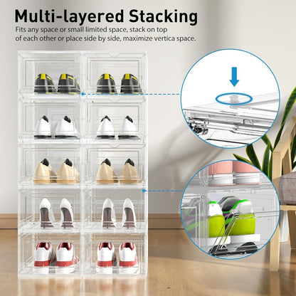 Clear Stackable Shoe Storage Boxes 6/12 Pack XX Large Hard Plastic Organizer for Size 12 Sneakers Closet White
