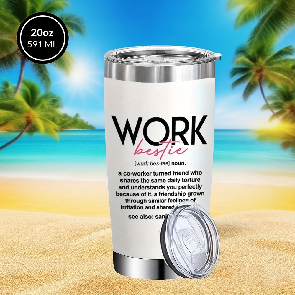 Insulated Tumbler 20oz Work Bestie Graphic in White 304 Stainless Steel with Lid and Straw