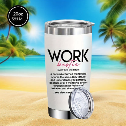 Insulated Tumbler 20oz Work Bestie Graphic in White 304 Stainless Steel with Lid and Straw