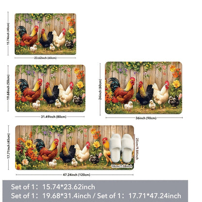 Rooster Farmhouse Kitchen Rugs in Round, Runner and 1- to 4-Piece Mat Set Size Options for Floors