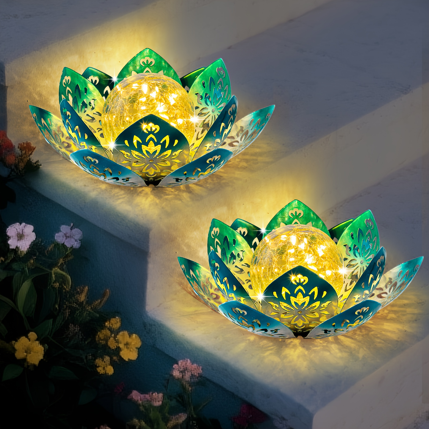 Solar Garden Light Lotus Flower with Cracked Glass Globe, IPX4 Rating and Three Color Options